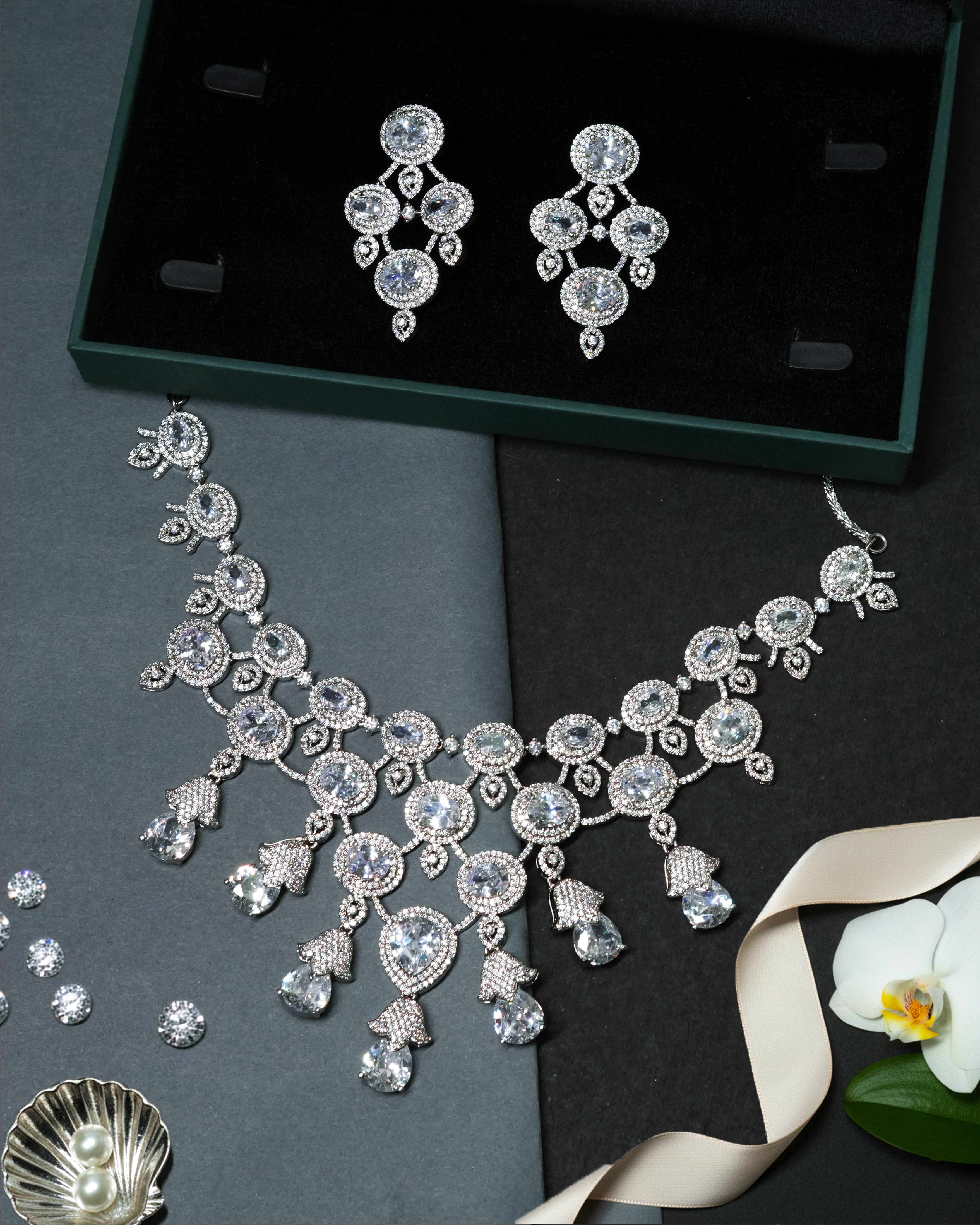 Silver Glow – American Diamond Necklace Set